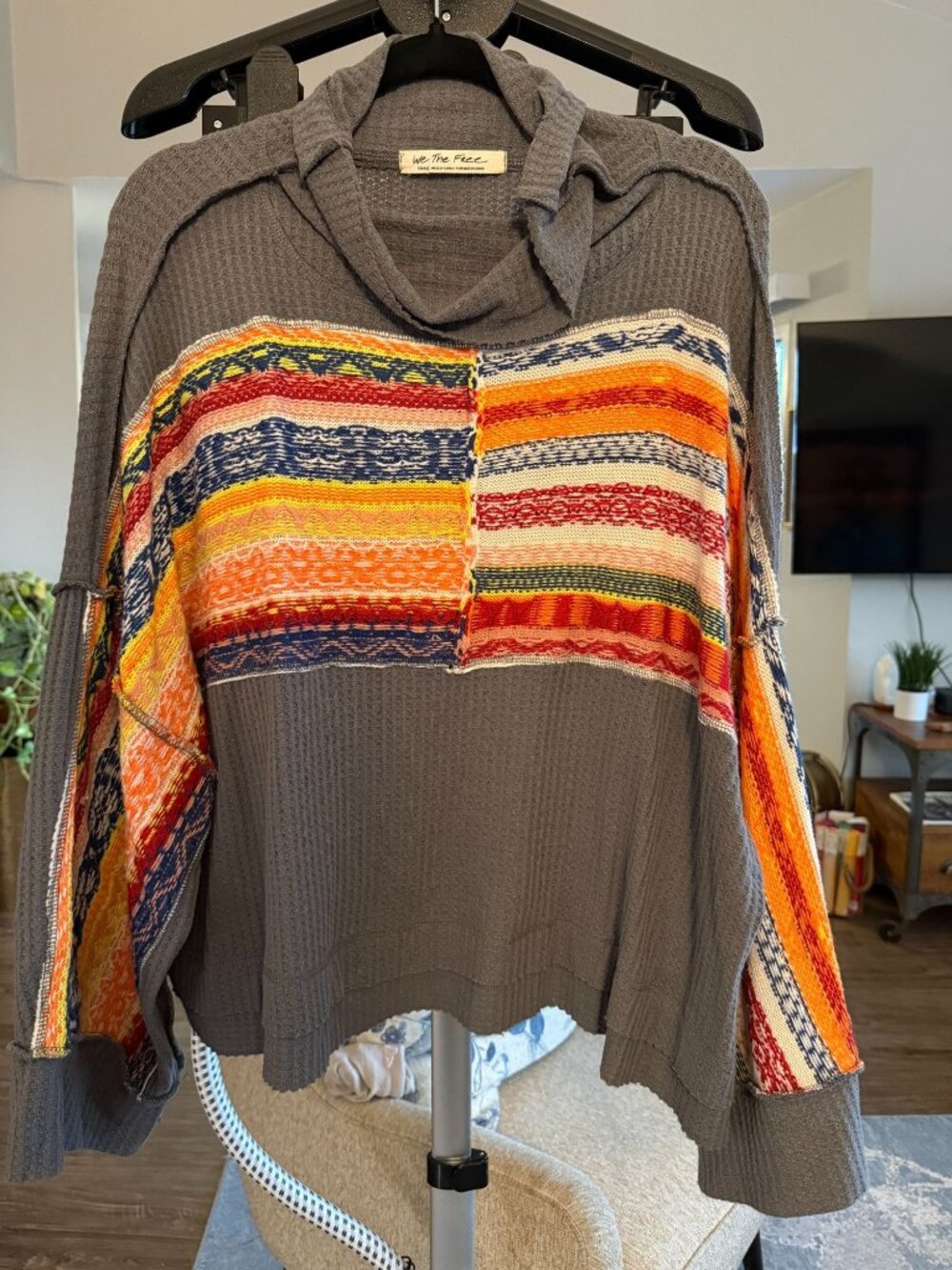 We The Free Free People Oversized Waffle Hoodie Multicolor Jacquard Grey S